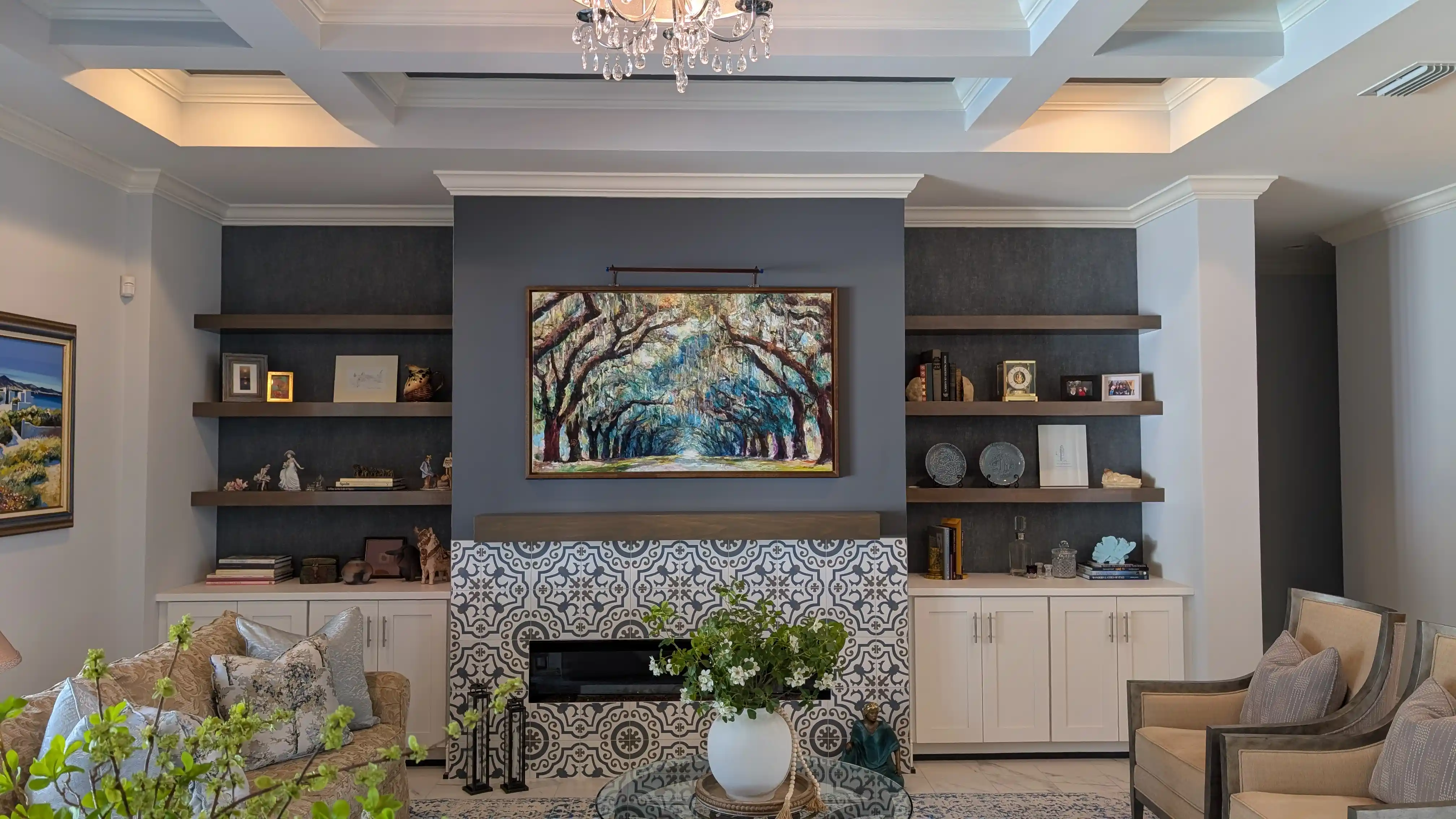 Custom Fireplace Built-in Shelving & Wallpaper